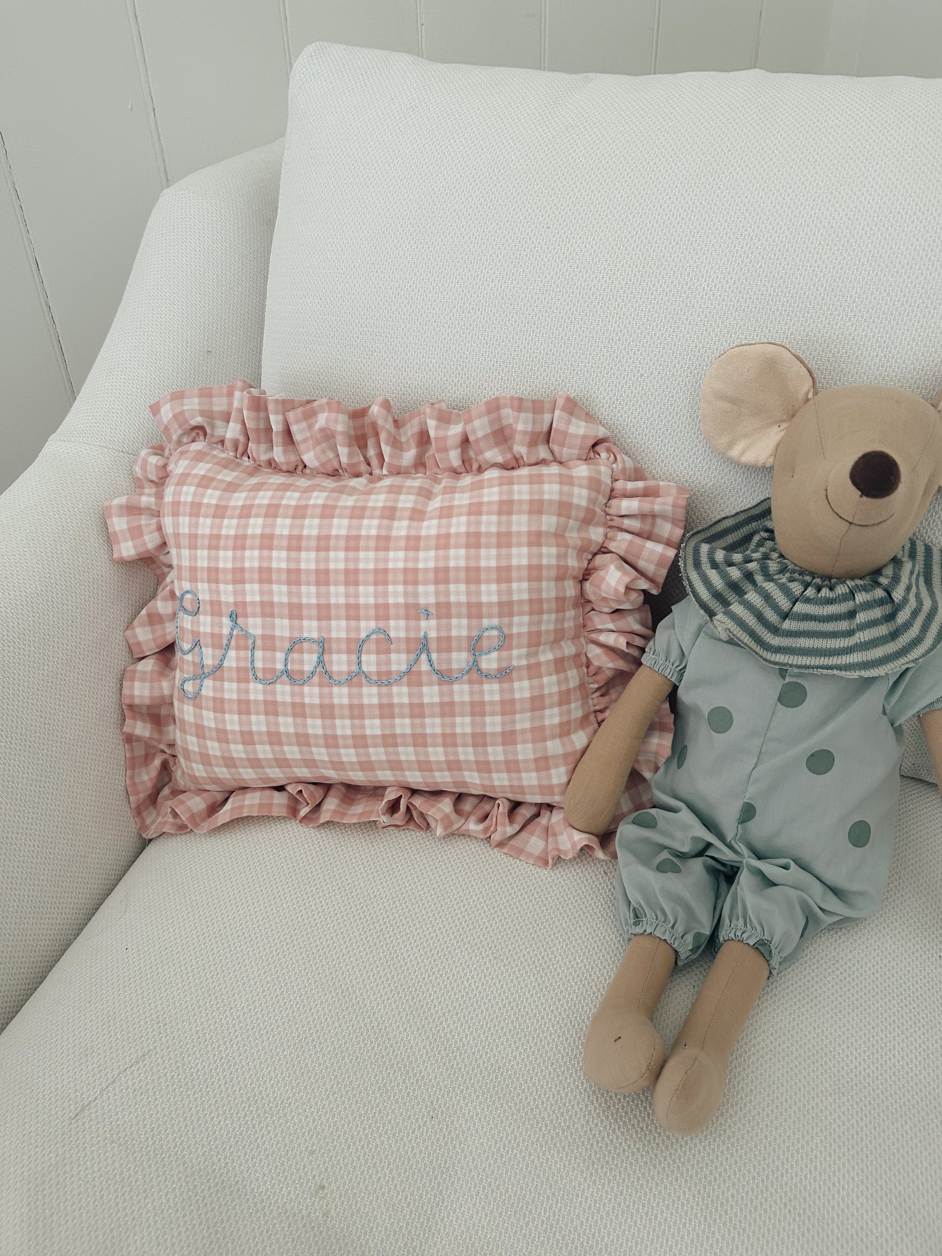 Gingham Ruffle Pillow (Light Pink)