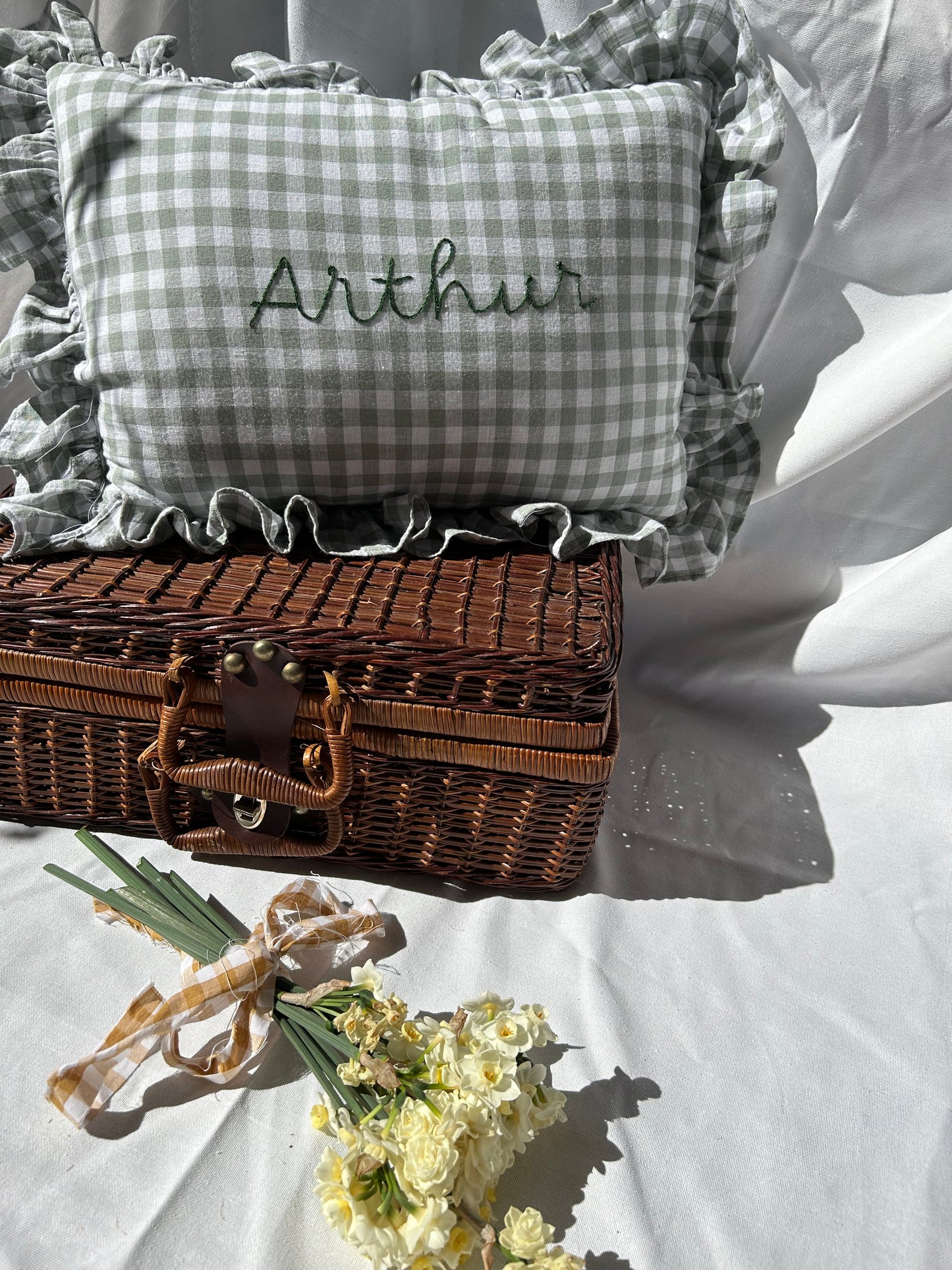 Gingham Ruffle Pillow (Sage)