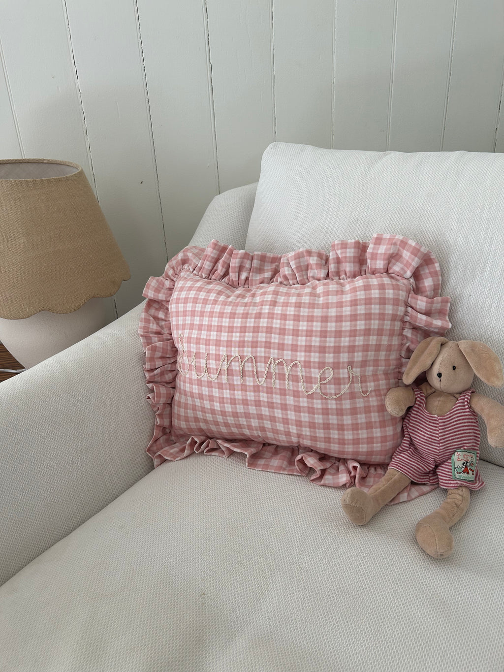 Gingham Ruffle Pillow (Light Pink)