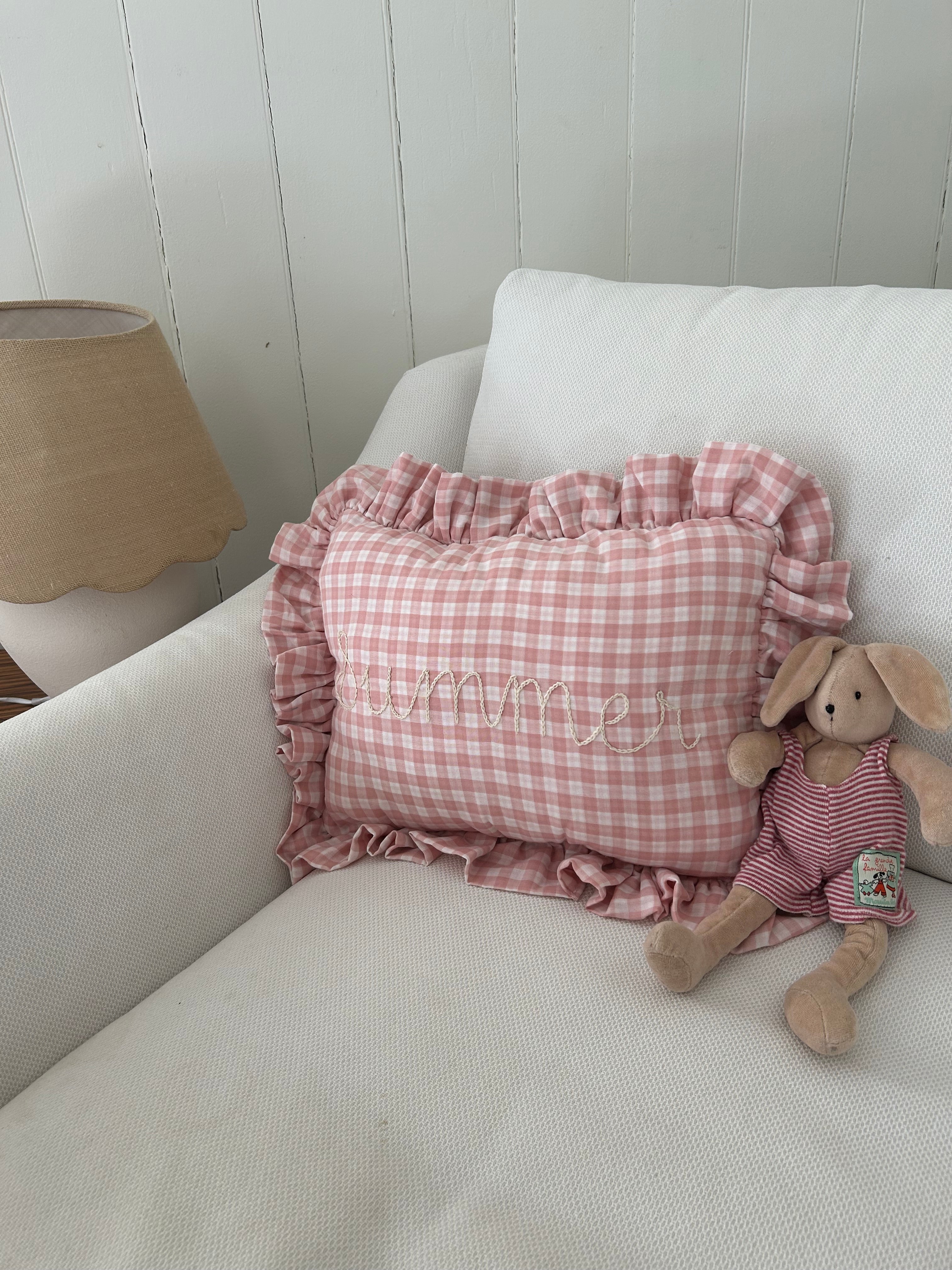 Gingham Ruffle Pillow (Light Pink)