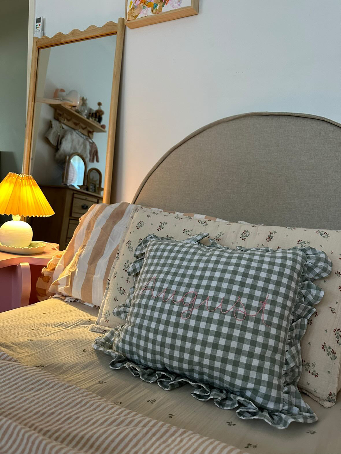 Gingham Ruffle Pillow (Sage)