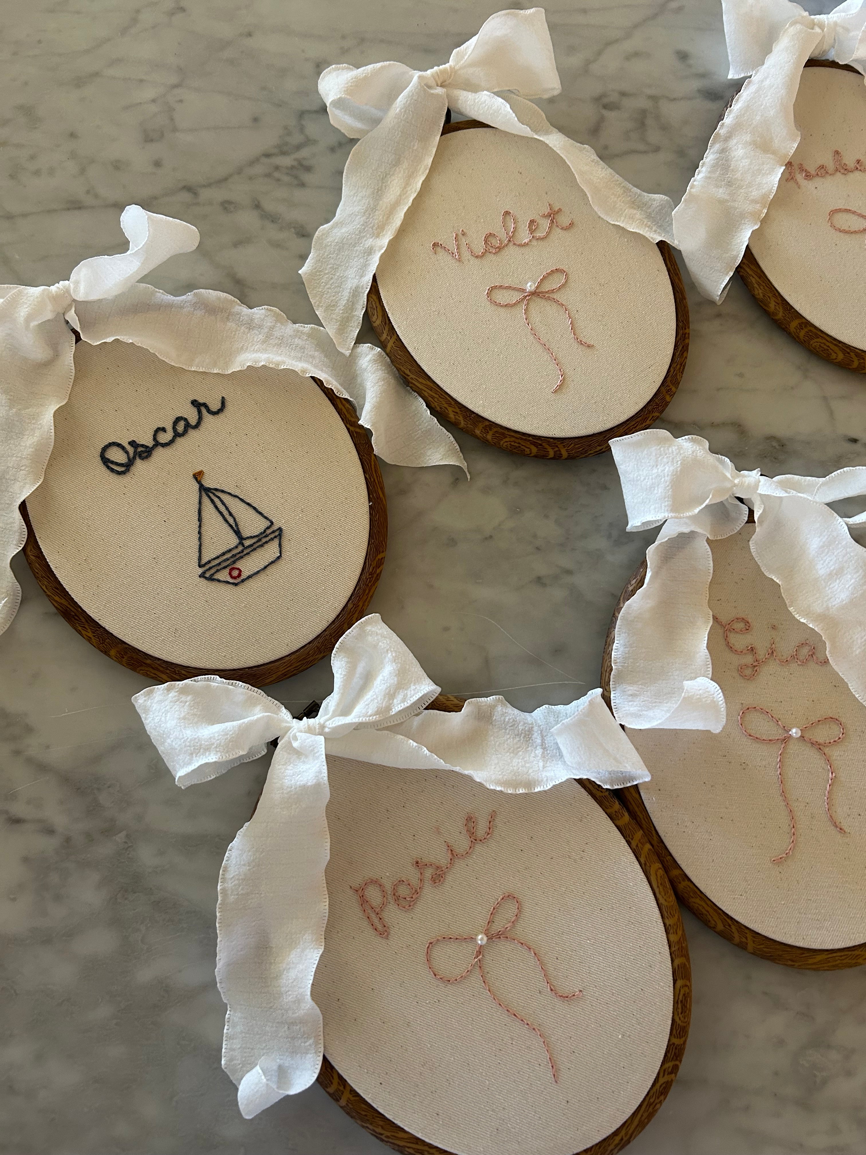 Hand embroidered name hoop