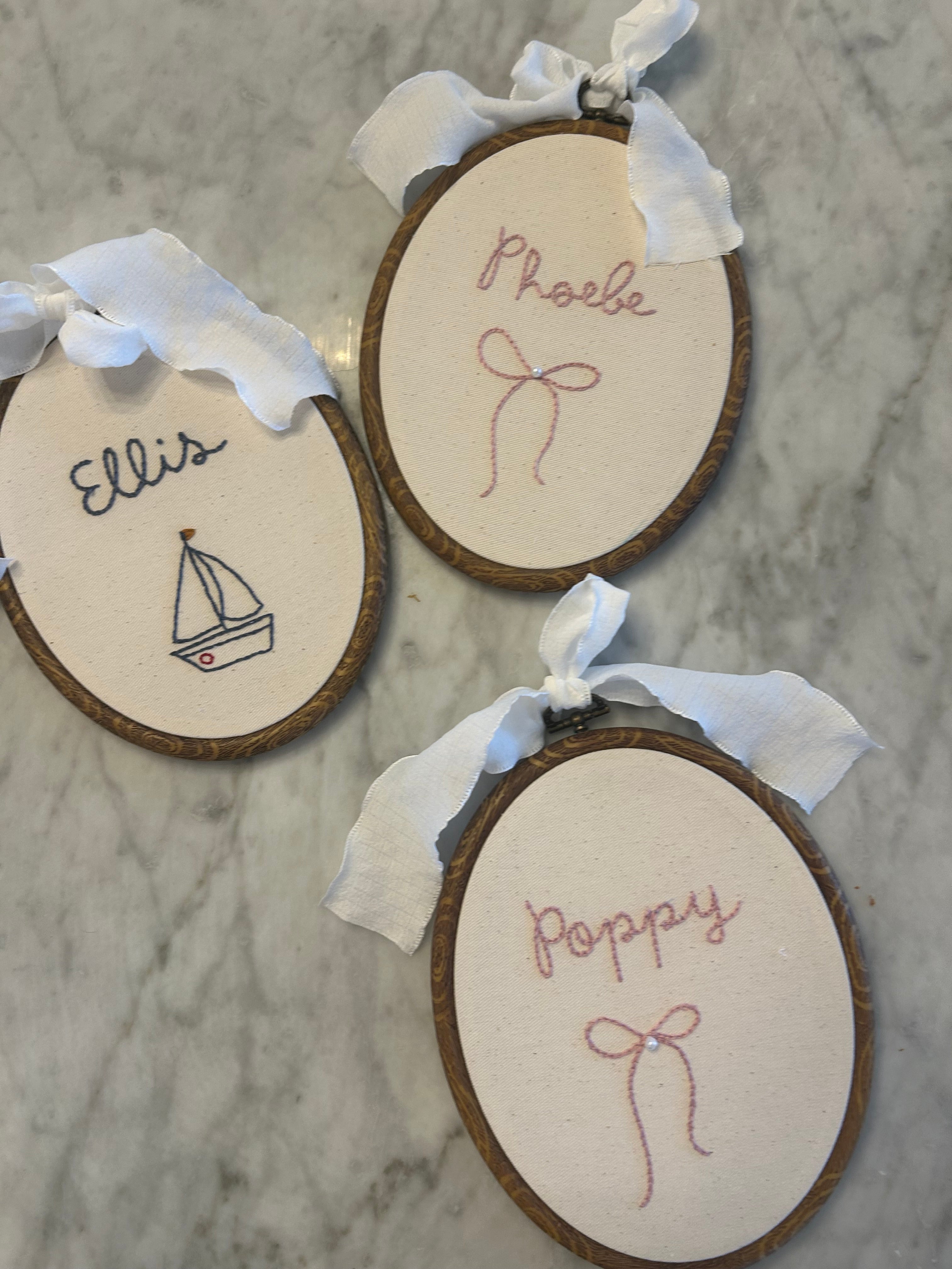 Hand embroidered name hoop