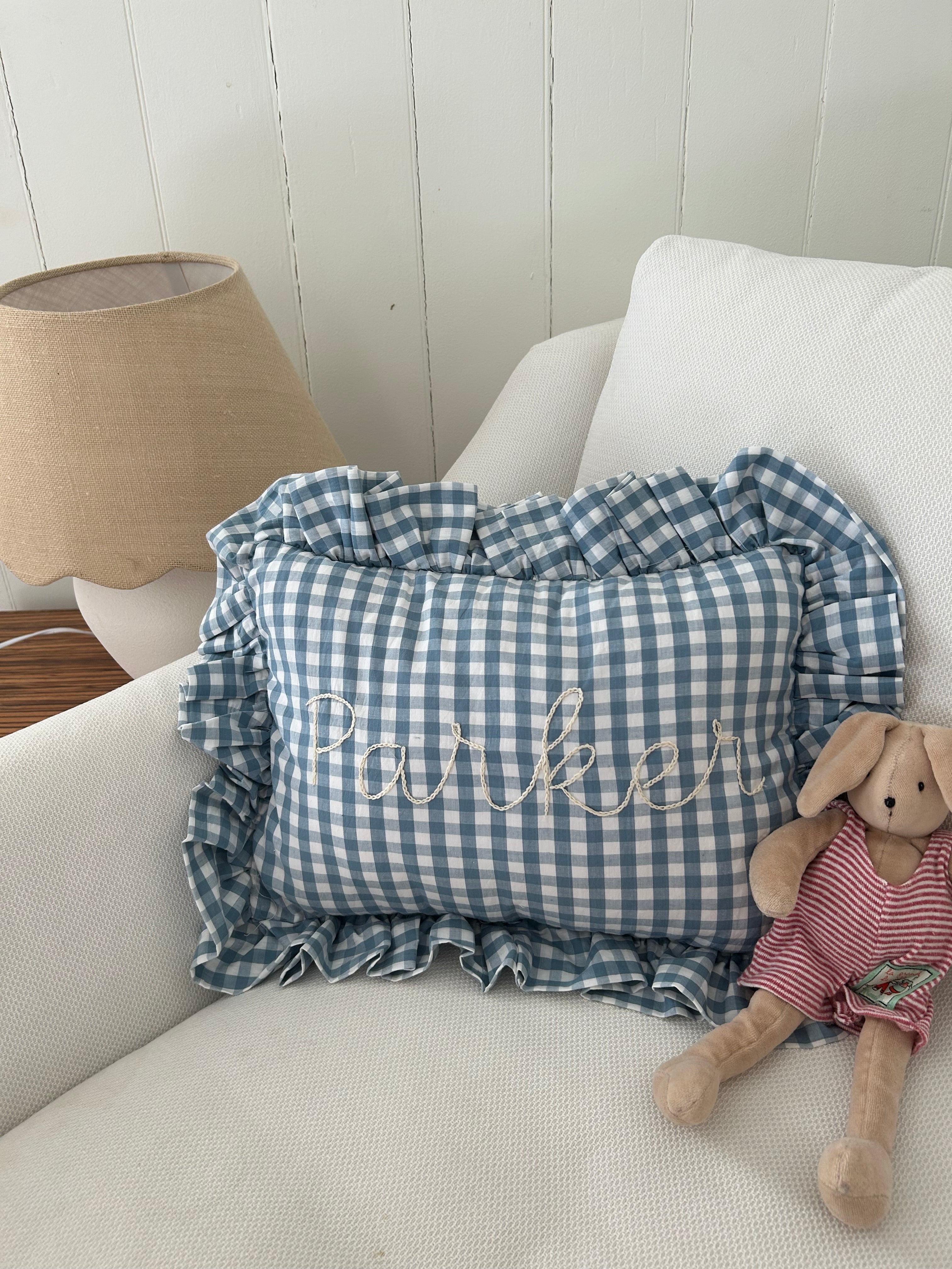 Gingham Ruffle Pillow (Blue)