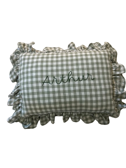 Gingham Ruffle Pillow (Sage)