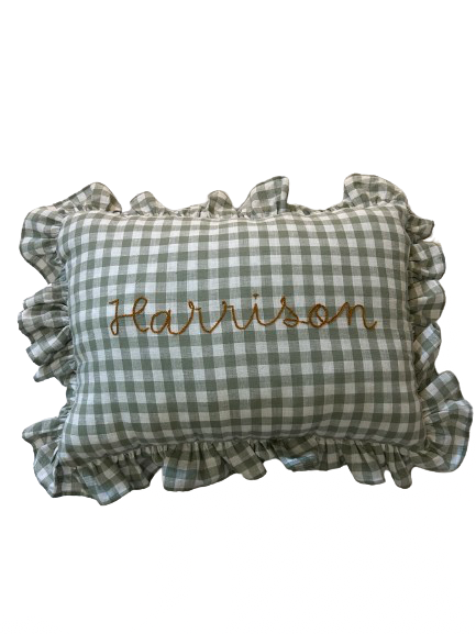 Gingham Ruffle Pillow (Sage)